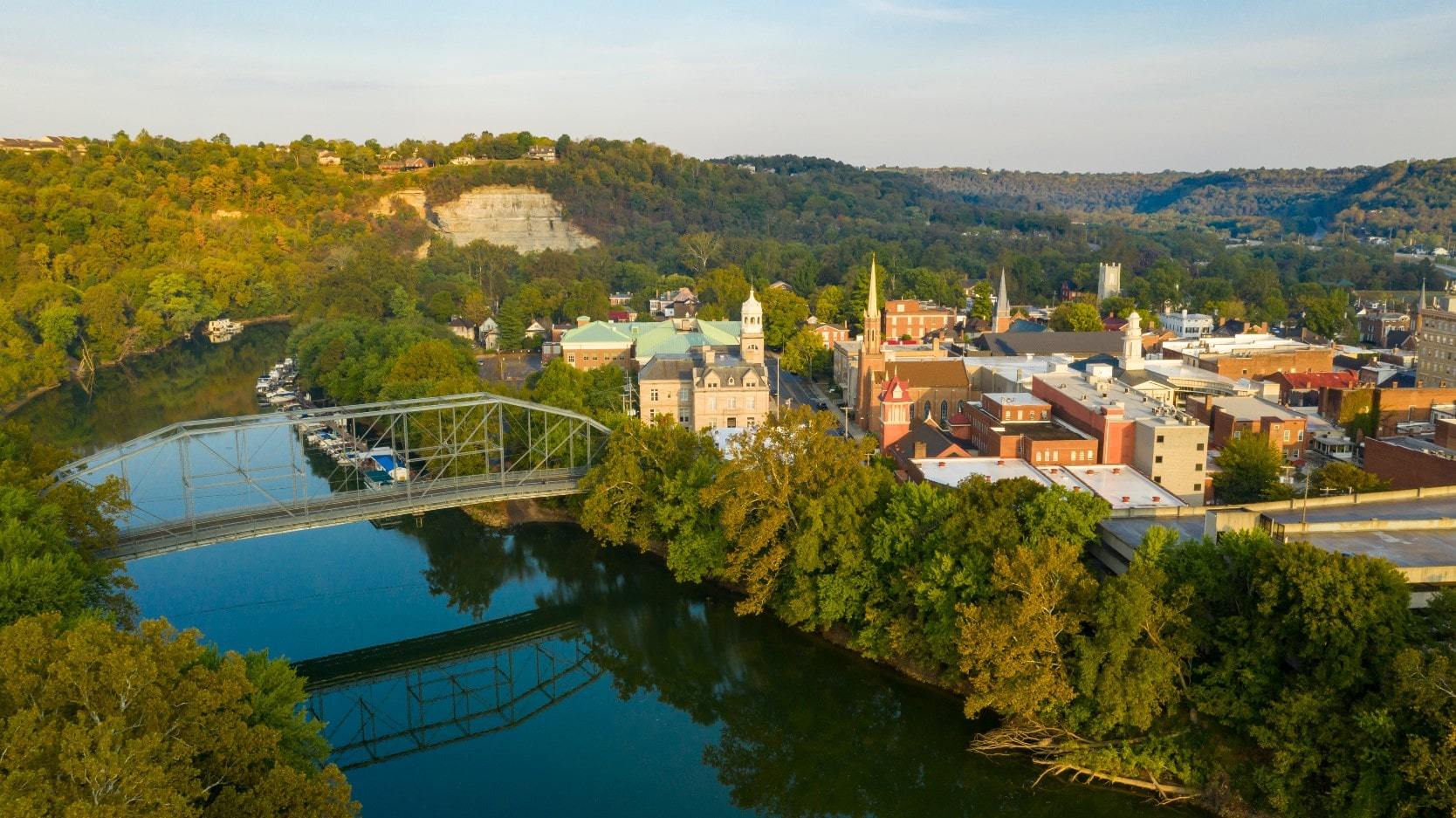 Aerial view of bridge and real estate in Frankfort, Kentucky